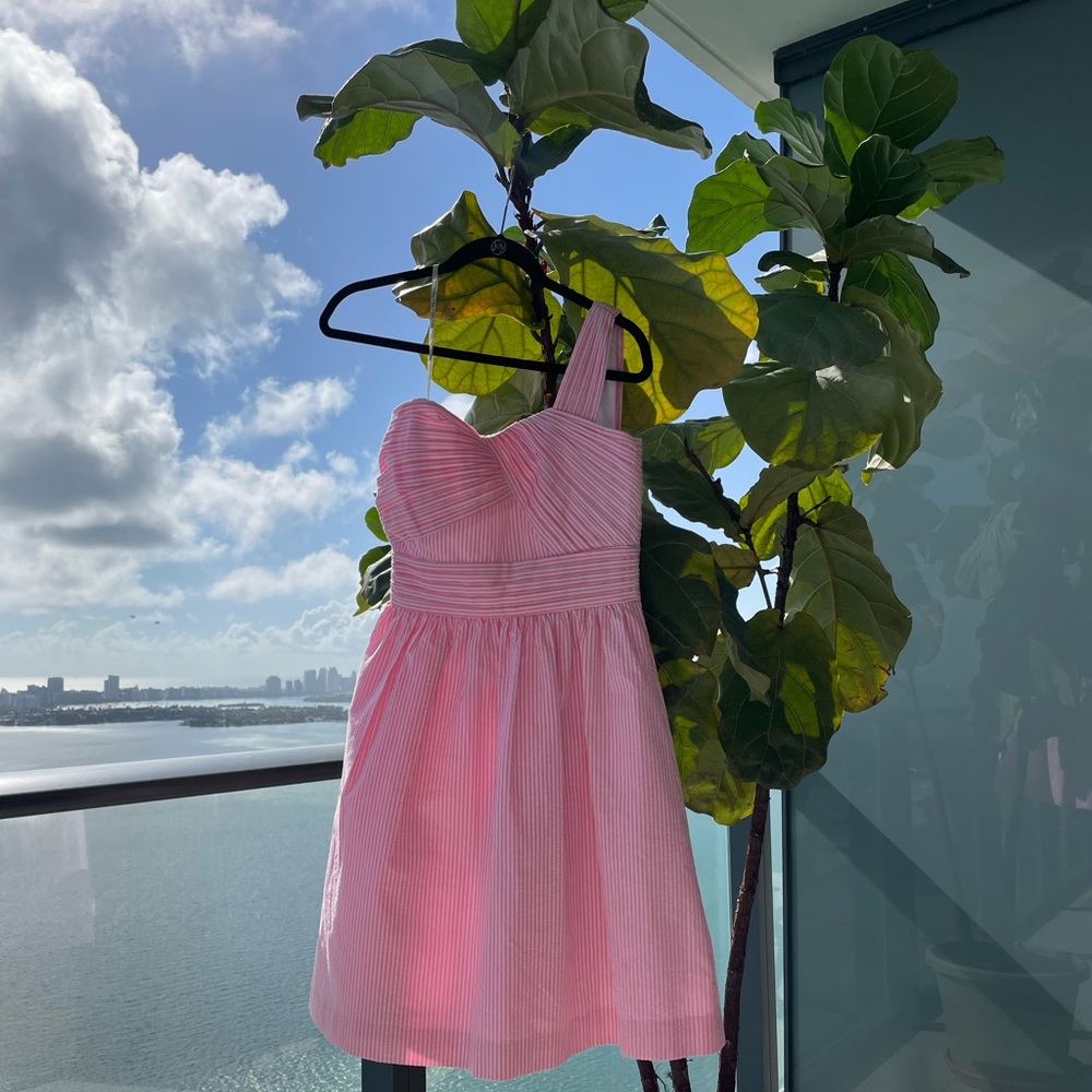 NWT Lilly Pulitzer Addison One Shoulder Dress in Pink Tropics Seersucker Size 0